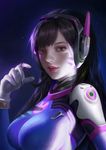  absurdres blue_bodysuit bodysuit breasts brown_hair closed_mouth d.va_(overwatch) facepaint facial_mark gloves grey_eyes headphones highres large_breasts long_hair looking_at_viewer md5_mismatch overwatch pilot_suit ribbed_bodysuit shoulder_pads skin_tight solo upper_body whisker_markings white_gloves y_xun 