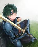 alm_(fire_emblem) armor fire_emblem fire_emblem_echoes:_mou_hitori_no_eiyuuou futabaaf gloves green_eyes green_hair highres male_focus simple_background solo weapon white_background 
