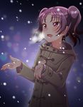  :d bangs beige_coat blurry bokeh breath coat commentary_request depth_of_field highres hood hood_down hooded_coat kazuno_leah light_blush long_sleeves love_live! love_live!_sunshine!! motoasako night open_hands open_mouth purple_eyes purple_hair smile snowing solo twintails upper_body winter_clothes 