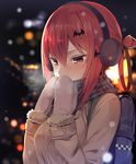  absurdres backlighting backpack bag bangs bat_hair_ornament blurry blurry_background blush breasts breath brown_coat close-up coat covering_mouth depth_of_field earmuffs fur-trimmed_sleeves fur_trim gabriel_dropout greatmosu hair_between_eyes hair_ornament hair_rings half-closed_eyes highres kurumizawa_satanichia_mcdowell long_sleeves looking_down medium_breasts mittens pink_eyes plaid plaid_scarf red_hair scarf solo upper_body winter 