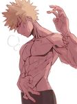  1boy abs blonde_hair boku_no_hero_academia male_focus muscle neonbur red_eyes solo steam sweat topless 