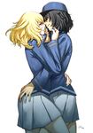  andou_(girls_und_panzer) arm_around_waist bc_freedom_military_uniform black_hair blonde_hair collar_grab commentary_request girls_und_panzer girls_und_panzer_saishuushou hand_on_ass hat long_hair multiple_girls oono_tsutomu oshida_(girls_und_panzer) short_hair skirt white_background yuri 