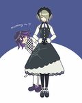  1boy 1girl bangs black_dress black_gloves buttons checkered_scarf danganronpa dress duo eyes_closed frills gloves grey_hair hair_over_one_eye headdress maid maid_headdress matching_hair/eyes necktie new_danganronpa_v3 ouma_kokichi pants purple_eyes purple_hair scarf shirt short_hair side_bangs smile tie toujou_kirumi white_shirt 