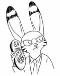 2016 anthro black_and_white clothed clothing disney ear_markings facial_markings footwear get_smart holding_object holding_phone jack_savage lagomorph male mammal markings monochrome necktie parody phone rabbit shoes simple_background solo suit tggeko white_background zootopia 