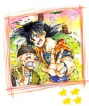  ;d ake_(ake54) animal black_eyes black_hair bubbles_(dragon_ball) chinese_clothes closed_eyes dougi dragon_ball facial_hair grandfather_and_grandson grandpa_gohan grass halo hand_on_another's_shoulder happy hat looking_at_viewer male_focus monkey multiple_boys mustache one_eye_closed open_mouth smile son_gokuu spiked_hair star tree v 