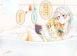  bathtub blonde_hair blue_bow blue_eyes blush book bow check_translation collarbone commentary_request hair_bow holding holding_book izayoi_sakuya kirisame_marisa multiple_girls nude open_mouth parted_lips shared_bathing short_hair signature silver_hair souta_(karasu_no_ouchi) touhou translation_request water yellow_eyes 