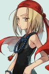  bandana bare_arms bare_shoulders black_shirt blonde_hair blue_background brown_eyes from_side hankuri jewelry kyouyama_anna looking_at_viewer necklace parted_lips pearl_necklace shaman_king shirt simple_background sleeveless sleeveless_shirt solo tassel 