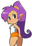  1girl adjusting_clothes alternate_costume ass bare_shoulders black_eyes blush breasts clothes_writing dark_skin earrings eric_lowery female from_behind highres hooters lips long_hair looking_back looking_to_the_side medium_breasts orange_shorts pointy_ears ponytail purple_hair shantae_(character) shantae_(series) shirt short_shorts shorts simple_background skindentation sleeveless sleeveless_shirt solo standing sweat text transparent_background uniform white_shirt 