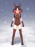  angry antlers aposine bangs bell bell_collar black_hair blush boots brown_gloves brown_legwear brown_leotard christmas clenched_hand clenched_teeth collar covered_navel embarrassed facial_mark forehead_mark full_body gloves green_eyes gyakuten_saiban gyakuten_saiban_6 hair_rings highres leotard long_hair looking_at_viewer nose_blush parted_bangs rayfa_padma_khura'in sidelocks snow snowing solo standing tattoo tears teeth thigh_boots thighhighs 