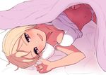  :d bare_arms bare_shoulders blonde_hair blush breasts camisole commentary hi_iro large_breasts looking_at_viewer lying navel off_shoulder open_mouth original panties pillow purple_eyes short_hair smile solo under_covers underwear white_panties 