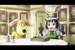  animal_ears black_hair brown_hair chromatic_aberration commentary_request common_raccoon_(kemono_friends) controller fang fennec_(kemono_friends) fox_ears frame fusion grey_hair gromit kemono_friends letterboxed movie_reference multicolored_hair nick_park_(style) open_mouth parody pepper_shaker raccoon_ears salt_shaker smile table ueyama_michirou wallace_and_gromit 