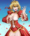  ahoge blonde_hair blue_background breasts cleavage corset dress epaulettes fate/extra fate_(series) gradient gradient_background green_eyes highres medium_breasts nero_claudius_(fate) nero_claudius_(fate)_(all) open_mouth petals ppyumeuleulu short_hair solo 