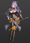  armor armored_boots axe black_armor black_footwear black_panties boots breasts bustier camilla_(fire_emblem_if) capelet cleavage fire_emblem fire_emblem_if full_body grey_background hair_over_one_eye hand_on_own_chest large_breasts lips long_hair panties purple_eyes purple_hair reverse_grip shoron smile solo thigh_boots thighhighs thighs tiara underwear vambraces very_long_hair wavy_hair 