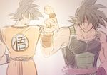  2boys armor back-to-back bakusou_k bandana bardock black_hair dated dougi dragon_ball dragon_ball_z father's_day father_and_son fist_bump grey_background happy looking_back male_focus multiple_boys short_hair simple_background smile son_gokuu spiked_hair tail wristband 