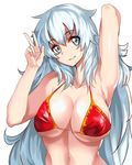  absurdres arm_behind_back armpits artemis_(fate/grand_order) bikini blue_eyes breasts collarbone eyebrows_visible_through_hair fate/grand_order fate_(series) halterneck highres kisaragi_(legobionicle23) large_breasts long_hair looking_at_viewer navel red_bikini smile swimsuit upper_body very_long_hair w white_background white_hair 