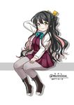  artist_name black_hair boots bow bowtie cross-laced_footwear dated fang full_body grey_legwear hair_ribbon halterneck invisible_chair kantai_collection lace-up_boots long_hair masara_(masalucky2010) multicolored_hair naganami_(kantai_collection) pantyhose pink_hair ribbon school_uniform shirt sitting solo twitter_username two-tone_hair wavy_hair white_background white_shirt yellow_eyes 