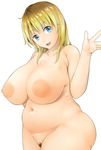  1girl areolae belly blonde_hair blue_eyes breasts kumahachi large_breasts long_hair looking_at_viewer navel nipples nude open_mouth original plump pubic_hair smile solo standing 