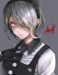  1girl angry black_dress black_gloves buttons danganronpa dress gloves green_eyes grey_hair hair_over_one_eye hairband headdress maid maid_headdress navel necktie new_danganronpa_v3 red_eyes short_hair solo tie toujou_kirumi 