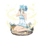  asuna_(sao) asuna_(sao-alo) barefoot blue_eyes blue_hair blue_towel faux_figurine frilled_towel frills full_body hand_in_hair kneeling long_hair looking_at_viewer naked_towel official_art parted_lips pointy_ears ponytail sidelocks simple_background smile solo sword_art_online sword_art_online:_code_register towel white_background 
