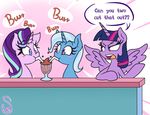  2017 ? angry annoyed blue_hair blush bubble counter cup cute dialogue english_text equine eyelashes feathered_wings feathers female friendship_is_magic glass hair hi_res horn love mammal milkshake multicolored_hair my_little_pony open_mouth purple_eyes quarium sitting speech_bubble spread_wings starlight_glimmer_(mlp) straw teeth text tongue trixie_(mlp) twilight_sparkle_(mlp) two_tone_hair unicorn winged_unicorn wings 