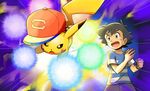  baseball_cap gen_1_pokemon hat highres pikachu pokemon pokemon_(anime) pokemon_(creature) pokemon_sm_(anime) red_hat satoshi_(pokemon) z-move 