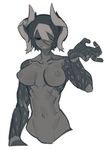  areolae black breasts greyscale hair_over_one_eye highres horns knifedragon large_breasts looking_at_viewer made_in_abyss monochrome multicolored_hair navel nipples nude ozen scar short_hair smile solo stomach toned two-tone_hair upper_body 