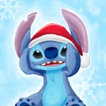  2014 4_toes alien black_eyes blue_background blue_fur blue_nose chest_tuft christmas digital_media_(artwork) digital_painting_(artwork) disney experiment_(species) fur harara hat hi_res holidays lilo_and_stitch looking_at_viewer notched_ear open_mouth open_smile santa_hat simple_background sitting smile snowflake solo stitch toes tuft winter 