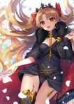  1girl :d bangs between_breasts black_cloak black_dress black_leotard black_nails blonde_hair blurry breasts cloak collarbone commentary_request depth_of_field dress earrings ereshkigal_(fate/grand_order) eyebrows_visible_through_hair fate/grand_order fate_(series) floating_hair fur-trimmed_cloak fur_trim gold_trim greaves hair_ribbon hand_up high_collar highres hoop_earrings jewelry leotard light_particles long_hair looking_at_viewer medium_breasts nail_polish open_mouth parted_bangs petals red_cloak red_eyes red_ribbon ribbon shiny shiny_hair short_dress single_greave single_sleeve skull smile solo spine thigh_gap tiara two_side_up very_long_hair white_background 