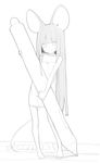  animal_ears bangs bare_arms bare_legs bare_shoulders barefoot blunt_bangs closed_mouth contrapposto doremi dress greyscale highres holding long_hair minigirl monochrome mouse_ears mouse_tail original pen simple_background smile solo standing tail very_long_hair white_background 