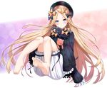 abigail_williams_(fate/grand_order) bangs barefoot black_bow black_dress black_hat blonde_hair bloomers blue_eyes blush bow bug butterfly closed_mouth commentary dress fate/grand_order fate_(series) feet full_body hair_bow hat head_tilt insect long_hair long_sleeves looking_at_viewer object_hug orange_bow parted_bangs polka_dot polka_dot_bow shimo_(shimo_00) sitting sleeves_past_wrists smile soles solo stuffed_animal stuffed_toy teddy_bear underwear very_long_hair white_bloomers 