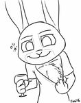  2016 anthro black_and_white clothed clothing dewlap disney drunk female flashing holding_glass holding_object judy_hopps lagomorph looking_at_viewer mammal monochrome rabbit shirt_pull signature simple_background smile solo tggeko white_background zootopia 
