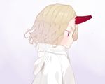  blonde_hair blush closed_mouth commentary_request doremi dress from_side grey_background horn original profile red_eyes short_hair simple_background solo upper_body white_dress 
