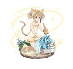  animal_ears barefoot brown_hair cat_ears cat_tail collarbone faux_figurine floral_print frills full_body hair_between_eyes holding katateoke kneeling long_hair naked_towel official_art orange_towel pina_(sao) red_eyes sidelocks silica silica_(sao-alo) simple_background smile solo sword_art_online sword_art_online:_code_register tail towel twintails white_background 