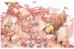  animal_ears bangs bare_shoulders blurry closed_mouth commentary_request depth_of_field detached_sleeves dress fate/extra fate/extra_ccc fate_(series) flower fox_ears fox_tail from_above hair_between_eyes hair_flower hair_ornament head_wreath high_heels highres hino_hinako leaf light_smile long_hair long_sleeves looking_at_viewer lying on_side parted_bangs pink_dress pink_flower pink_hair purple_flower ribbon shiny shiny_hair single_thighhigh solo strapless strapless_dress striped tail tamamo_(fate)_(all) tamamo_no_mae_(fate) tareme thighhighs very_long_hair white_background white_footwear white_legwear white_ribbon wide_sleeves yellow_eyes yellow_flower 