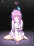  barefoot between_legs cat_ear_headphones commentary directional_arrow doremi dress full_body gloves hand_between_legs headphones highres jitome light_particles long_hair looking_at_viewer original paw_gloves paws purple_eyes purple_hair short_sleeves sitting solo white_dress white_gloves 