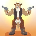  2017 abs anthro biceps boots canine chaps clothed clothing cowboy cowboy_hat coyote cum digital_media_(artwork) footwear fur greydaboy gun hat hi_res male mammal muscular pecs penis ranged_weapon simple_background weapon 