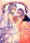  bare_shoulders bat_wings blue_eyes blue_hair bouquet bridal_veil bride commentary_request dress eye_contact flower from_side happy_tears highres holding holding_flower izayoi_sakuya kirero looking_at_another maid_headdress multiple_girls pink_dress pointy_ears red_eyes remilia_scarlet short_hair silver_hair smile strapless strapless_dress tears touhou veil wedding wedding_dress white_dress wife_and_wife wings yuri 