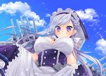  azur_lane belfast_(azur_lane) braid breasts cleavage commentary corset from_below large_breasts long_hair looking_at_viewer looking_down machinery maid maid_headdress parted_lips purple_eyes silver_hair solo turret zest_(lossol) 