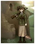  1920s abluedeer anthro blue_eyes brown_fur brown_hair canine castle clothing female freya_o&#039;cathain fur grass gun hair ireland irish mammal ranged_weapon rifle ruins soldier uniform weapon wolf 