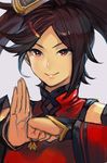  black_hair bright_pupils china_dress chinese_clothes clenched_hand closed_mouth dress error fist_in_hand gold_trim grey_background guilty_gear hair_ornament hairclip hankuri kuradoberi_jam long_hair long_sleeves looking_at_viewer open_hand palm-fist_greeting red_eyes simple_background smile solo tied_hair wide_sleeves wrist_extended 