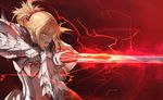  armor bangs blonde_hair blurry braid breastplate clarent commentary_request depth_of_field electricity eyebrows_visible_through_hair fate/apocrypha fate_(series) faulds fighting_stance french_braid gauntlets glowing glowing_sword glowing_weapon green_eyes hair_ornament hair_scrunchie holding holding_sword holding_weapon long_hair looking_away mordred_(fate) mordred_(fate)_(all) open_mouth pauldrons ponytail red_background red_scrunchie scrunchie serious shiny shiny_hair sidelocks solo standing sword teko two-handed upper_body v-shaped_eyebrows weapon 
