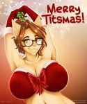  anthro big_breasts breasts brown_hair christmas cleavage clothed clothing eyewear feline female glasses gloves green_eyes hair holidays holly_(plant) huge_breasts katrina llmixll mammal nipple_bulge plant solo 