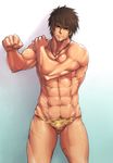  1boy abs bara brown_hair crotch looking_at_viewer muscle scar shunta smile solo topless underwear 