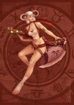  aries_(zodiac) armlet axe battle_axe belt clothing female foot_wrappings green_eyes hair halter_top horn humanoid melee_weapon not_furry pointy_ears satchel shorts solo thuyltran weapon white_hair 