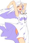  :d armpits arms_up bangs blush bouncing_breasts breasts closed_eyes commentary_request cowboy_shot dress eyebrows_visible_through_hair hi_iro long_hair medium_breasts open_mouth original simple_background smile solo standing white_background white_dress white_hair 