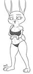  2016 anthro barefoot breast_rest breasts clothed clothing crossed_arms dewlap disney female fishnet greyscale half-closed_eyes judy_hopps lagomorph looking_at_viewer mammal midriff monochrome navel rabbit signature simple_background skimpy solo standing tggeko white_background zootopia 