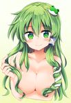  areolae bangs blush breast_hold breasts closed_mouth collarbone commentary_request eyebrows_visible_through_hair frog_hair_ornament gradient_hair green_eyes green_hair hair_between_eyes hair_ornament hair_over_breasts hair_tubes hair_twirling highres kochiya_sanae large_breasts long_hair looking_at_viewer maturiuta_sorato multicolored_hair nude smile snake_hair_ornament solo touhou upper_body white_background yellow_background 