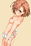  arm_at_side ass bare_arms bare_shoulders bikini_skirt breasts brown_eyes brown_hair butt_crack closed_mouth eyebrows_visible_through_hair from_side hair_ornament hairclip hand_on_own_chest hatakenaka_(kamagabuchi) looking_at_viewer looking_to_the_side misaka_mikoto nipple orange_ribbon photoshop ribbon short_hair shoulder_blades simple_background small_breasts smile striped striped_bikini swimsuit thighs to_aru_kagaku_no_railgun to_aru_majutsu_no_index topless yellow_background 