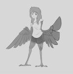  1girl crowanon feathered_wings female harpy messy_hair monochrome monster_girl original shorts smile solo standing wings 