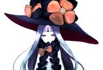  abigail_williams_(fate/grand_order) arms_at_sides bangs black_bow black_hat bow closed_mouth commentary_request eyebrows_visible_through_hair fate/grand_order fate_(series) glowing hat hat_bow keyhole long_hair orange_bow pale_skin parted_bangs polka_dot polka_dot_bow red_eyes revealing_clothes silver_hair simple_background solo white_background witch_hat yukishima 